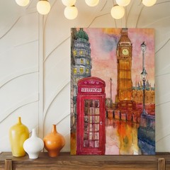 London Red Telephone Booth Big Ben Watercolor Canvas Wall Art Urban City Print