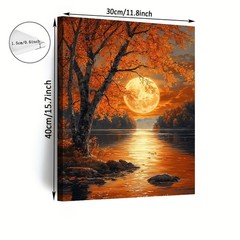 Autumn Moon Lake Reflection Canvas Wall Art, Fall Forest Landscape Home Decor