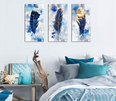 Modern Blue Feather Canvas Art Set – 3 Piece Wall Decor for Home & Office