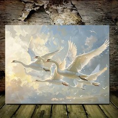 Flying White Swans Soft Sky Framed Canvas,Bright Serene Nature Animal Wall Decor