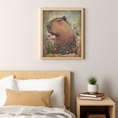 Retro CAPYBARA FLOWER Wall Art, Botanical Floral Wildlife Rodent Nature Poster