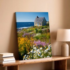 Wall Art Coastal Cottage Ocean View Wildflower Meadow Landscape Print Decor