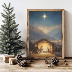 Holy Family Nativity Scene Canvas Art, Star of Bethlehem Christmas Print
