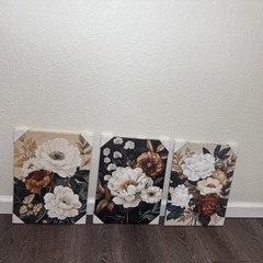 Set of 3 Neutral Floral Canvas Wall Art Modern Farmhouse Botanical Decor