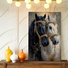 Wall Art Black and White Horses Canvas Print Gold Bridle Animal Decor 16×24