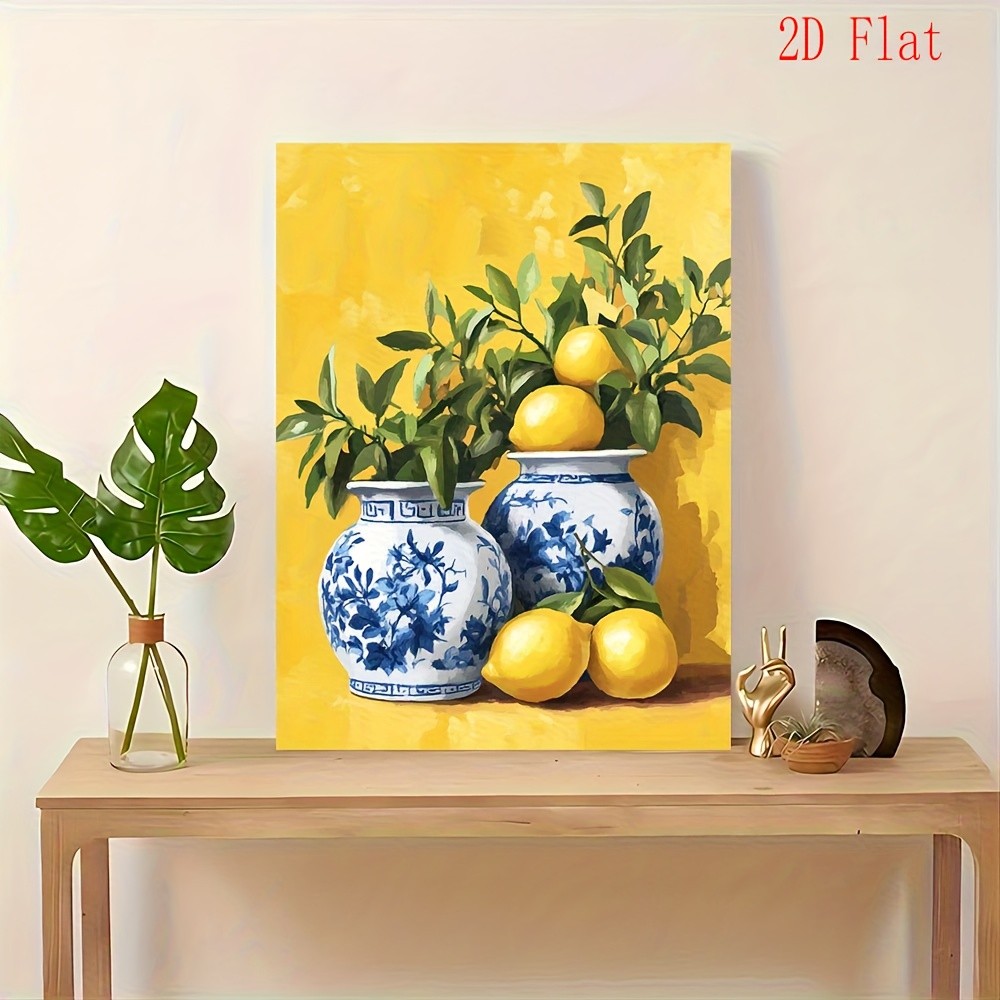 Blue and White Vases with Lemons Canvas Wall Art, Kitchen Home Decor