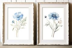 Floral Wall Art Prints, Set of 2 Blue Floral Wall Art Prints, Botanical Decor