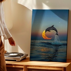 Wall Art Dolphin Jumping Over Crescent Moon Ocean Sunset Surreal Poster Print