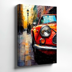 Wall Art Red Classic Car Street Scene Canvas Print Abstract Cityscape Decor