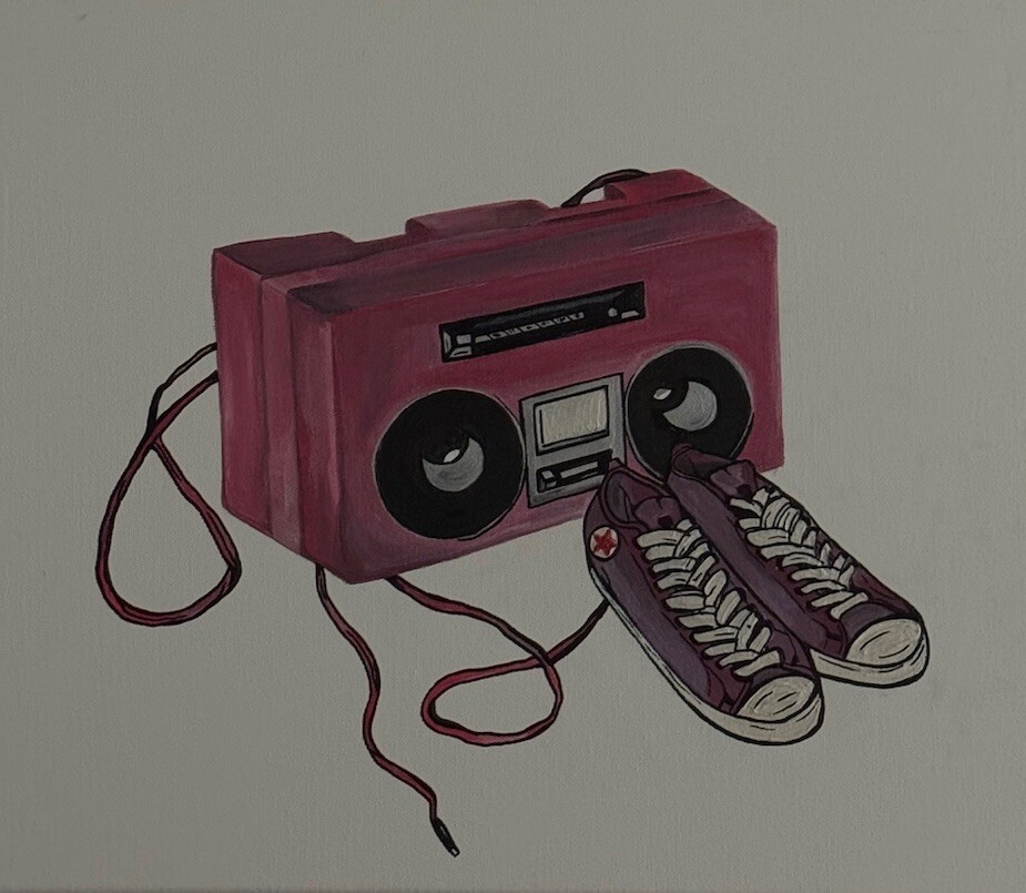 Vintage Boombox And Sneakers Poster: Acrylic On Canvas 20’x16’