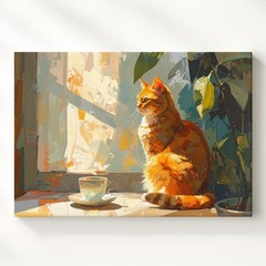 Sunlit Tabby & Tea Canvascozy Cat Scene In Warm Painterly Style Wall Art