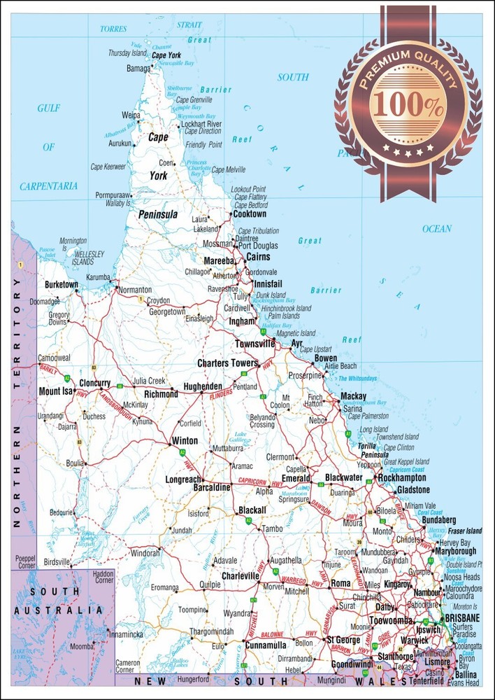 QUEENSLAND STATE ROADS QLD MAP OF AUSTRALIA AUS WALL CHART PRINT PREMIUM POSTER