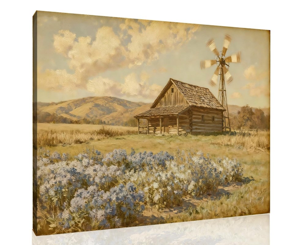 Farmhouse Canvas Wall Art,Vintage Countryside w/Windmill Cottage & Blue Wildf…