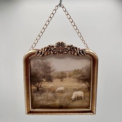 Vintage Pastoral Sheep Landscape Framed Mini Wall Art (5.71″x6.1″)