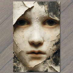 Art Print Cracked Plaster Mask Face Dark Eyes Distressed Portrait