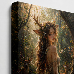 Deer Girl Canvas Wall Art Fantasy Forest Antler Woman Cottagecore Boho Home Deco