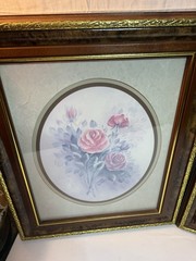 Vintage Pair Pink Rose Floral Prints Faux Burlwood Gold Tone Frames 17×14
