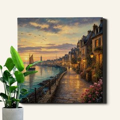 Coastal Village Art Print Sailboat Ocean Pathway Sunset Scene
