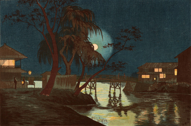 Japanese Woodcut Print, Tea House at Imadobashi by Moonlight KOBAYASHI KIYOCHIKA