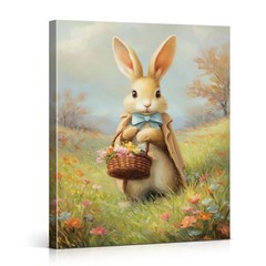 Cute Floral Bunny Easter Wall Art Print Vintage Bunny Picking Flowers Canvas …