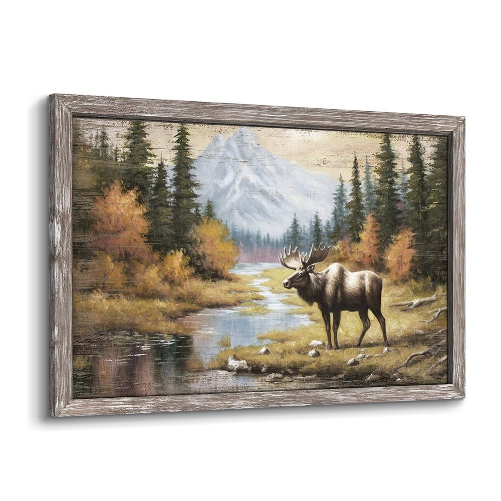 Wildlife Painting Framed Wall Art: Majestic Moose in Forest Picture Rustic Wi…
