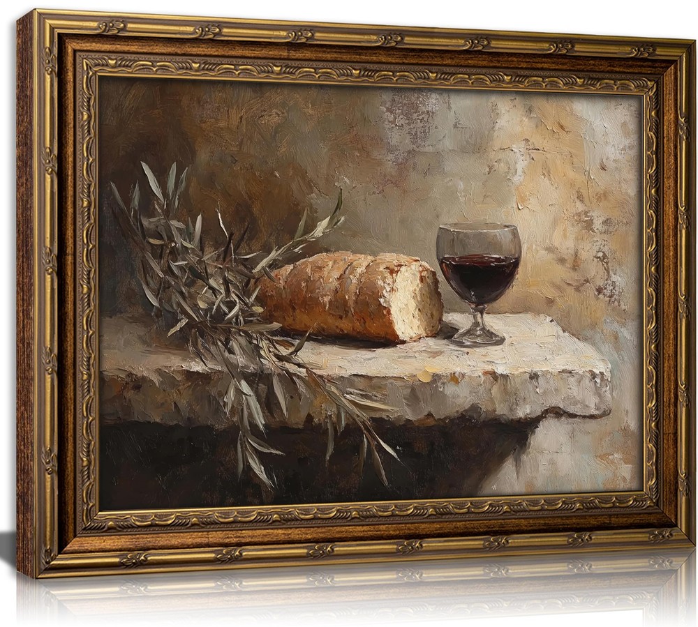 Vintage Gold Framed Still Life Wall Art, Christian Kitchen Communion Painting…