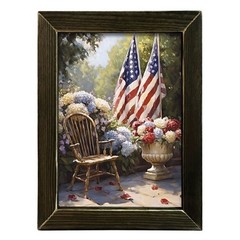 NEW PRIMITIVE FARMHOUSE PATRIOTIC GARDEN Print Framed 12″Wx16″H Aged Summer