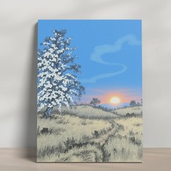 Beautiful Field Cherry Blossom Tree Under Blue Sky Canvas Landscape Wall Art