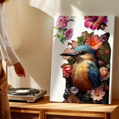 Wall Art Kingfisher Bird Floral Poster Colorful Flower Botanical Print Decor