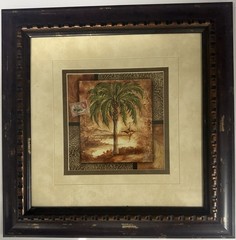 Framed Tropical Palm Tree Wall Art Vintage Style Brown Distressed Frame 24”x24”