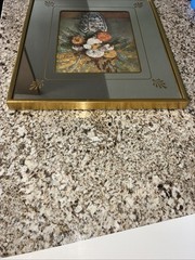 VINTAGE Daliahs In Delft Vase Print Mirror Mat, Framed MCM 17 1/4”Hx14 1/4”W