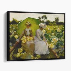 Lotus Lilies by Charles Courtney Curran Green Landscape Canvas Wall Art Print