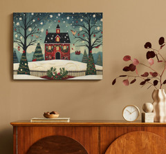 Americana Folk Art Wall Decor Framed 14X12 Canvas Wall Print Winter Holiday