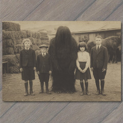Art Print Kids Bigfoot Creature Haystack Farmyard Monster Odd Vintage Style Hair