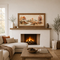 Autumn River Fall Landscape Framed Wall Art Watercolor Wide Farmhouse Scenic Art