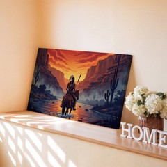 Native American Warrior on Horseback Canvas Wall Art Desert Sunset Print Decor