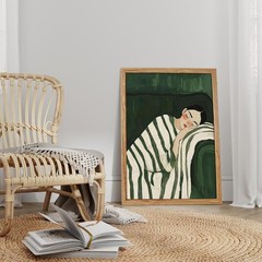 Framed Woman Lying on Couch Wall Art Emerald Green Modern Abstract People Pos…