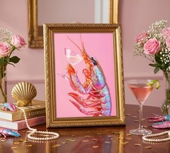 Gold Framed Trendy Pink Cocktail Lobster Canvas Wall Art 9X11in