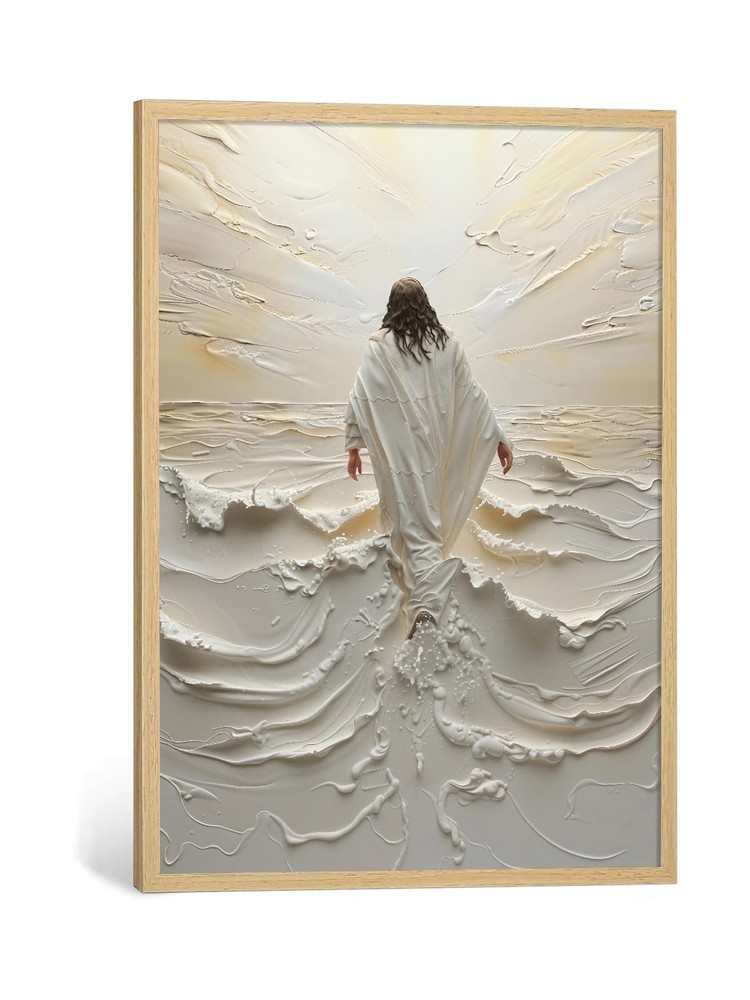 Jesus Walking on Water Wall Art Natural Wood Framed Religious Wall Decor Chri…