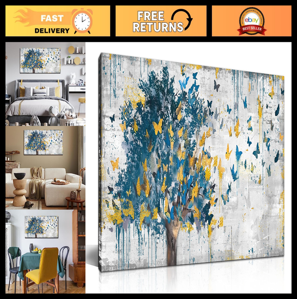 Large Canvas Wall Art – Blue Tree & Golden Butterflies, Abstract Grey Graffiti,