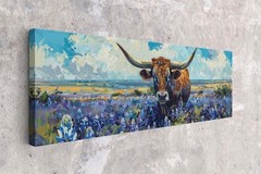 Texas Longhorn Wall Art Rustic Bluebonnet Flowers Extra Large Canvas