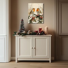 Winter Robin Birds with Berries Canvas Wall Art, Christmas Home Decor