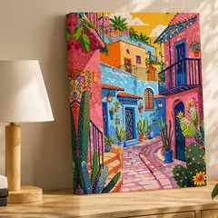 Colorful Mediterranean Street Scene Canvas Wall Art Vibrant Village Print Home