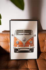 Vintage VW Bus Poster, Orange and White Retro Wall Art, Hippie Bus Decor retro