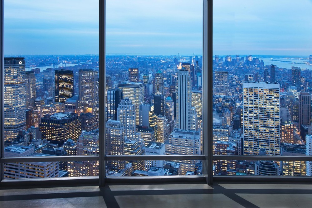 New York City Skyline Through Window at Dusk Photo Art Print Poster 12×18