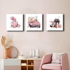 Pink Wall Art Fashion Woman Wall Decor Pictures Perfume High Heels handbag Ar…