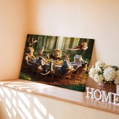 Wildlife Gathering Canvas Wall Art Forest Animals Dining Table Nature Print