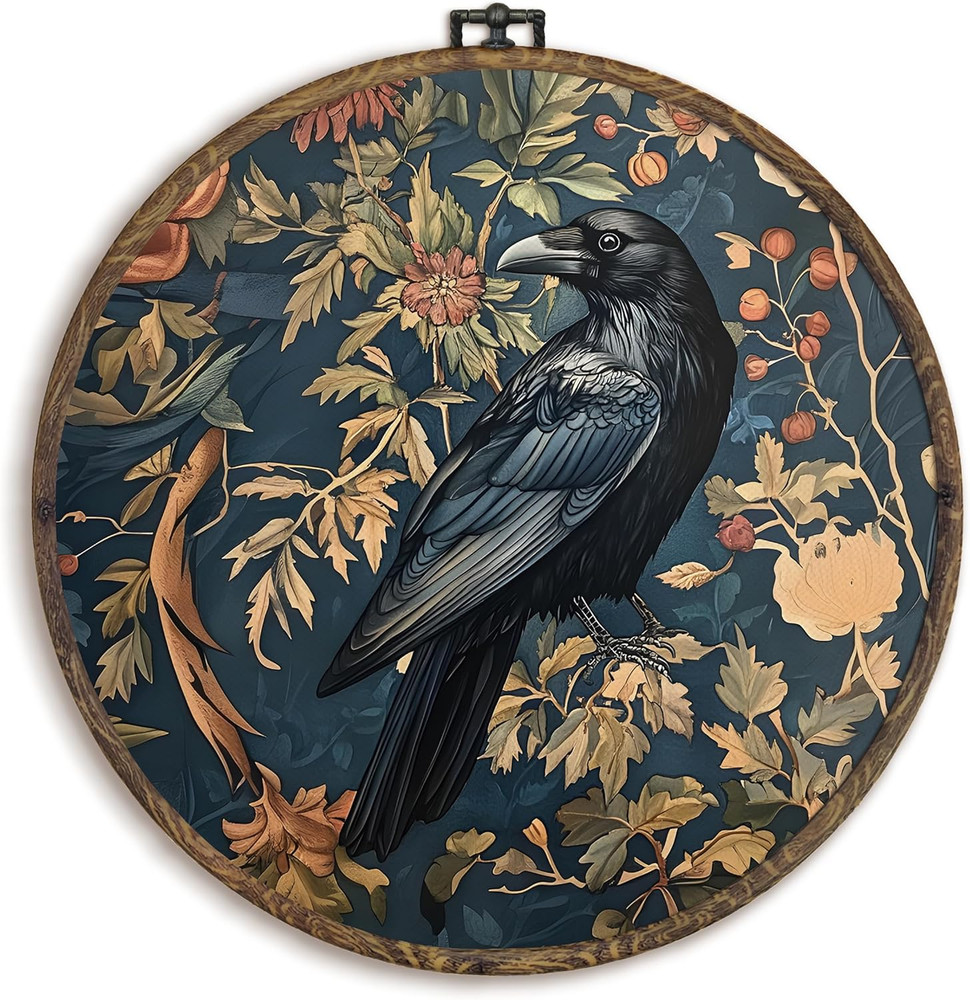 Vintage Raven Crow Round Wall Art Framed, Raven Botanical Wall Art, Cottagecore