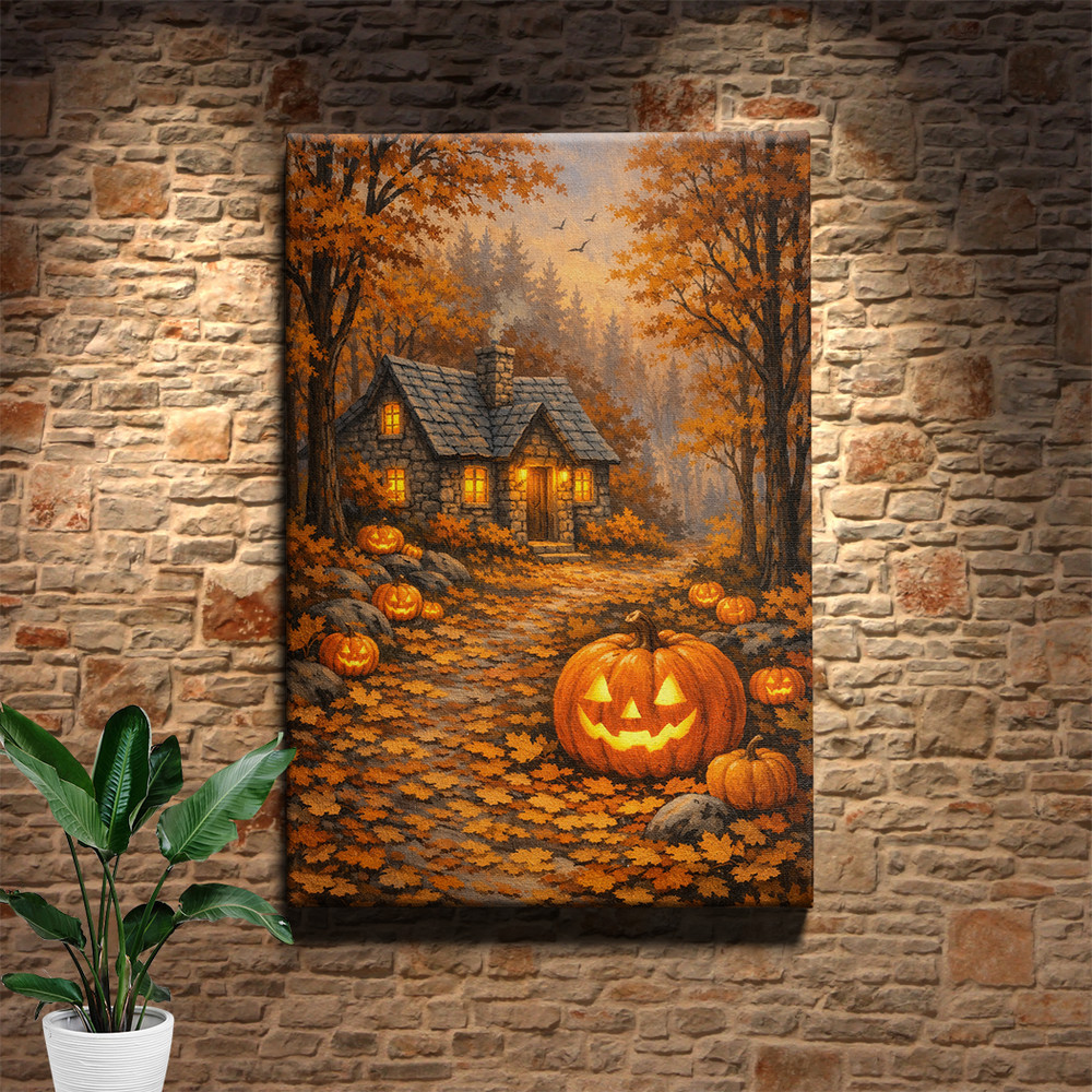 Happy Pumpkin Cottage Enchanted Forest Halloween Framed Canvas Art Print