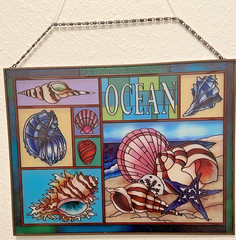 Nautical Impressions Art GLASS- OCEAN SHELLS – Blue Green -window-wall hanging